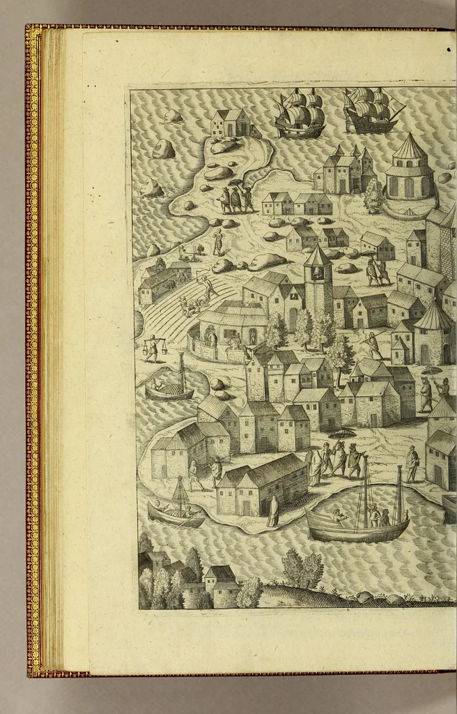An illustration from Der dreyzehende Theil der Orientalischen Indien, darinnen beneben etlichen newen, gedenckwürdigen Schiffarten vnd Reysen, so von vnterschiedlichen Völckern, sonderlich den Portugesen, Englischen vnd Holländern, in Ost Indien, vnd dem anstossende Königreich, vom Jahr 1615. biss vff 1628. verrichtet worden. : Auch insonderheit andere biss anhero unbekandte Königreich vnnd Länder, sonderlich das Königreich Indostan, oder dess grossen Mogols, Königreich China, Persien, wie auch Moscaw, Reussen, Groenlandt, Tartarey, Algier, und andere angräntzenden Provintzen, von newem beschrieben, und mit erst erfundenen Landtaffeln vor Augen gestellet worden. Alles mit sonderbaren schönen Kupfferstücken gezieret. Mit Köm. Keys. Maj. Freyheit begnadet, 1628, leaf 70