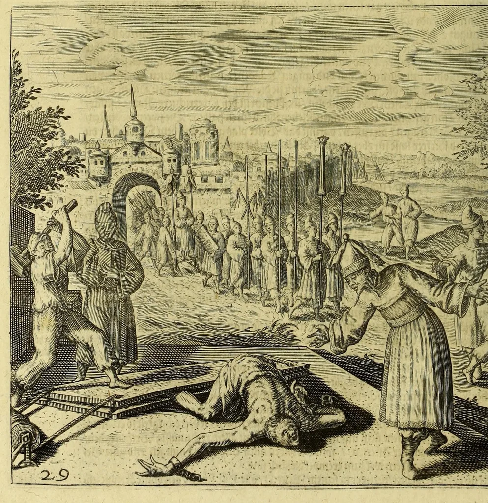 An illustration from Der dreyzehende Theil der Orientalischen Indien, darinnen beneben etlichen newen, gedenckwürdigen Schiffarten vnd Reysen, so von vnterschiedlichen Völckern, sonderlich den Portugesen, Englischen vnd Holländern, in Ost Indien, vnd dem anstossende Königreich, vom Jahr 1615. biss vff 1628. verrichtet worden. : Auch insonderheit andere biss anhero unbekandte Königreich vnnd Länder, sonderlich das Königreich Indostan, oder dess grossen Mogols, Königreich China, Persien, wie auch Moscaw, Reussen, Groenlandt, Tartarey, Algier, und andere angräntzenden Provintzen, von newem beschrieben, und mit erst erfundenen Landtaffeln vor Augen gestellet worden. Alles mit sonderbaren schönen Kupfferstücken gezieret. Mit Köm. Keys. Maj. Freyheit begnadet, 1628, leaf 90