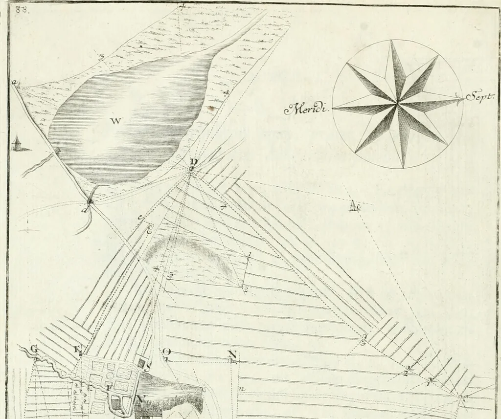 An illustration from De re ichnographica : cujus hodierna praxis exponitur, et propriis exemplis pluribus illustratur : inque varias, quae contingere possunt, ejusdem aberrationes, posito quoque calculo, inquiritur, 1751, leaf 115