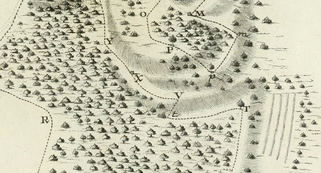 An illustration from De re ichnographica : cujus hodierna praxis exponitur, et propriis exemplis pluribus illustratur : inque varias, quae contingere possunt, ejusdem aberrationes, posito quoque calculo, inquiritur, 1751, leaf 138