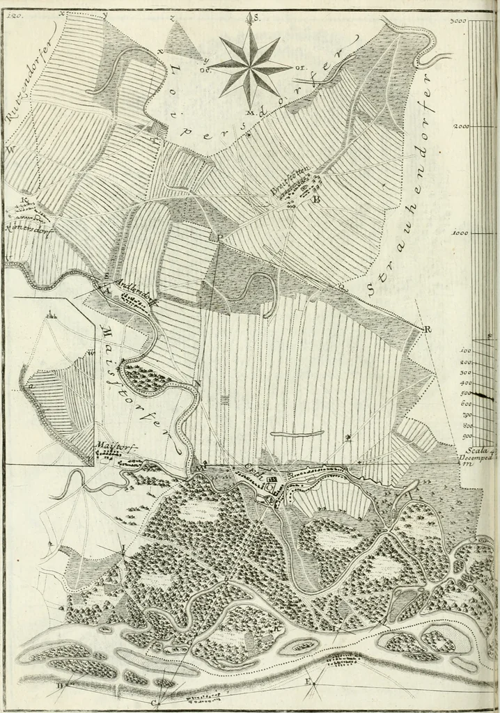 An illustration from De re ichnographica : cujus hodierna praxis exponitur, et propriis exemplis pluribus illustratur : inque varias, quae contingere possunt, ejusdem aberrationes, posito quoque calculo, inquiritur, 1751, leaf 147