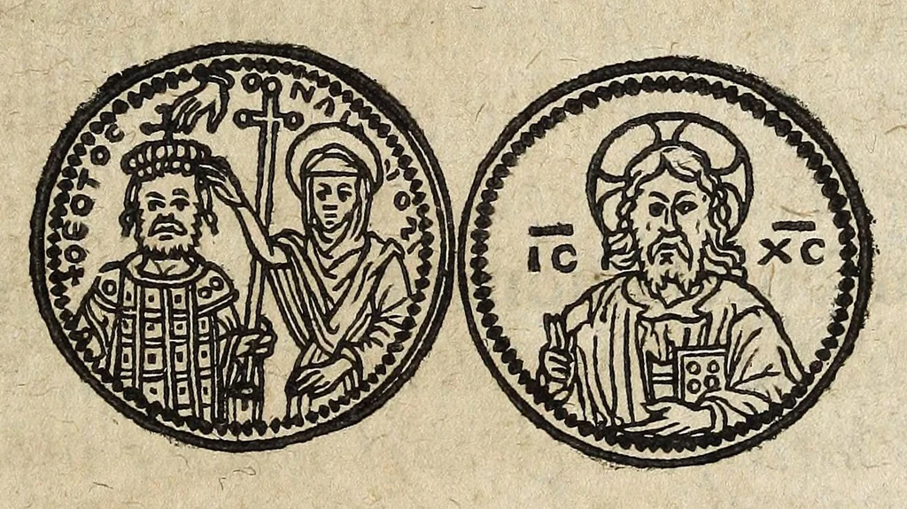An illustration from De re monetaria vetervm Romanorvm et hodierni apvd Germanos Imperii, libri duo Marquardi Freheri ... : accedit Nicolai Oresmii ... De origine & potestate nec non de mutatione monetarum, liber subtilissimus : cum succincto tractatu eiusdem argumenti Gabrielis Byel, & notis in vtrumque locupletissimis, 1605, leaf 49