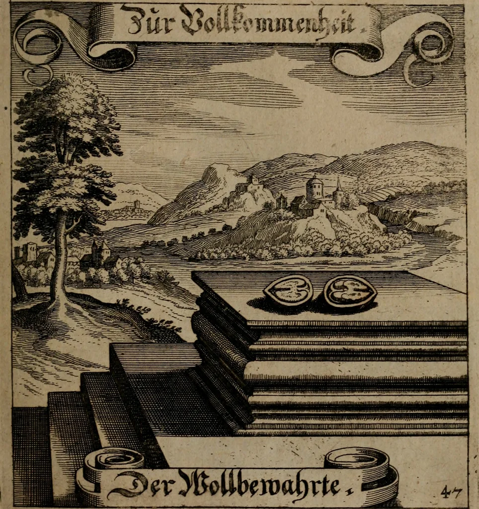 An illustration from Der Fruchtbringenden Geselschaft Nahmen, Vorhaben, Gemählde und Wörter : nach jedes Einnahme ordentlich in Kupfer gestochen, und in achtzeilige Reimgesetze verfasset, 1646, leaf 104