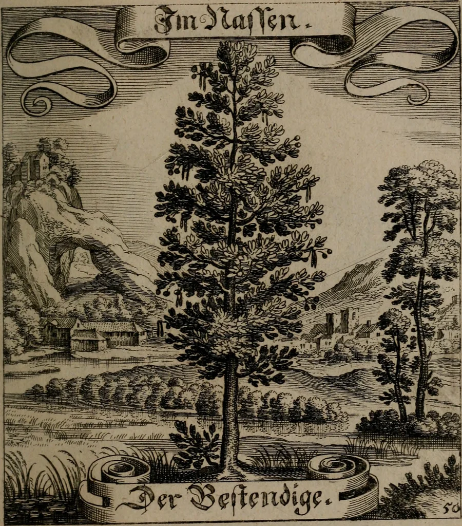 An illustration from Der Fruchtbringenden Geselschaft Nahmen, Vorhaben, Gemählde und Wörter : nach jedes Einnahme ordentlich in Kupfer gestochen, und in achtzeilige Reimgesetze verfasset, 1646, leaf 110