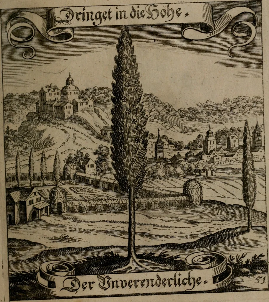 An illustration from Der Fruchtbringenden Geselschaft Nahmen, Vorhaben, Gemählde und Wörter : nach jedes Einnahme ordentlich in Kupfer gestochen, und in achtzeilige Reimgesetze verfasset, 1646, leaf 112