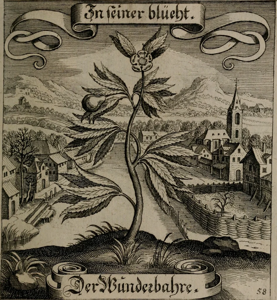 An illustration from Der Fruchtbringenden Geselschaft Nahmen, Vorhaben, Gemählde und Wörter : nach jedes Einnahme ordentlich in Kupfer gestochen, und in achtzeilige Reimgesetze verfasset, 1646, leaf 126