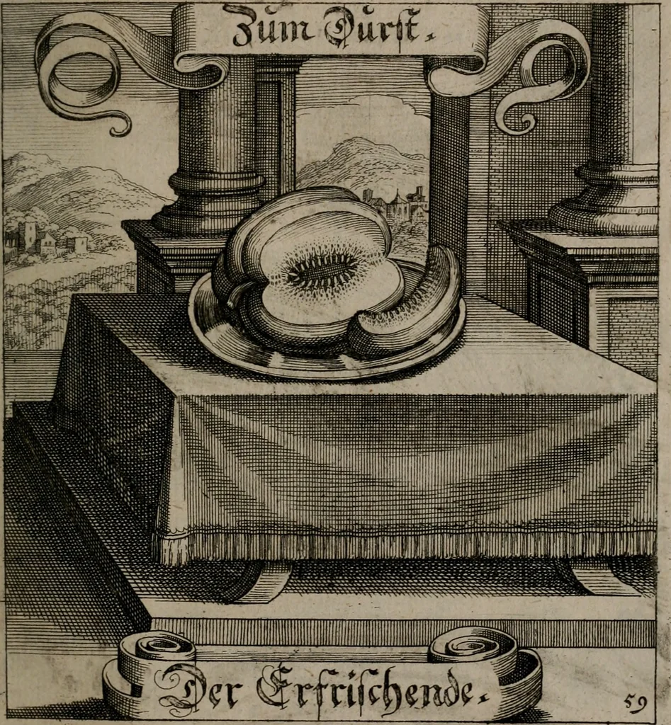 An illustration from Der Fruchtbringenden Geselschaft Nahmen, Vorhaben, Gemählde und Wörter : nach jedes Einnahme ordentlich in Kupfer gestochen, und in achtzeilige Reimgesetze verfasset, 1646, leaf 128