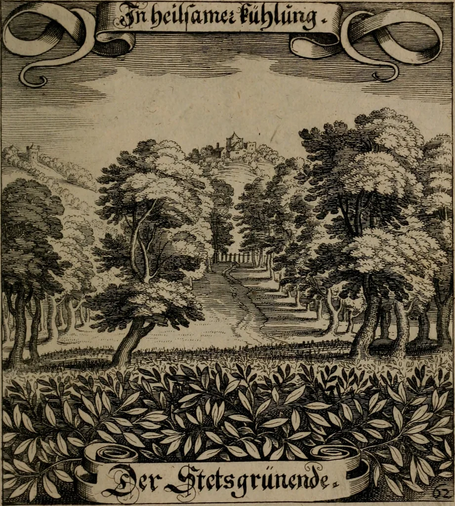 An illustration from Der Fruchtbringenden Geselschaft Nahmen, Vorhaben, Gemählde und Wörter : nach jedes Einnahme ordentlich in Kupfer gestochen, und in achtzeilige Reimgesetze verfasset, 1646, leaf 134