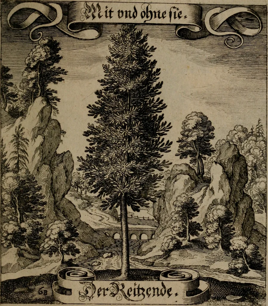 An illustration from Der Fruchtbringenden Geselschaft Nahmen, Vorhaben, Gemählde und Wörter : nach jedes Einnahme ordentlich in Kupfer gestochen, und in achtzeilige Reimgesetze verfasset, 1646, leaf 146