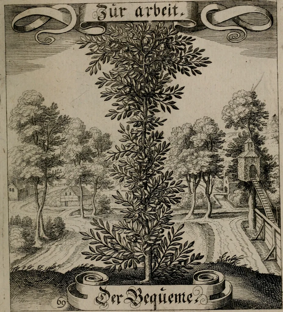 An illustration from Der Fruchtbringenden Geselschaft Nahmen, Vorhaben, Gemählde und Wörter : nach jedes Einnahme ordentlich in Kupfer gestochen, und in achtzeilige Reimgesetze verfasset, 1646, leaf 148