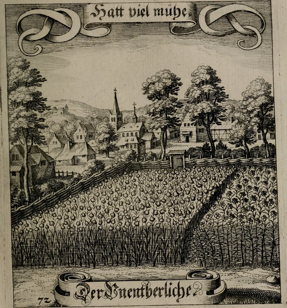 An illustration from Der Fruchtbringenden Geselschaft Nahmen, Vorhaben, Gemählde und Wörter : nach jedes Einnahme ordentlich in Kupfer gestochen, und in achtzeilige Reimgesetze verfasset, 1646, leaf 154