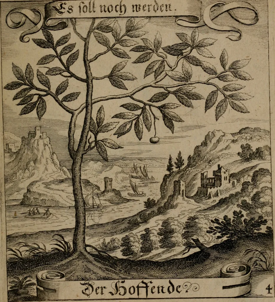 An illustration from Der Fruchtbringenden Geselschaft Nahmen, Vorhaben, Gemählde und Wörter : nach jedes Einnahme ordentlich in Kupfer gestochen, und in achtzeilige Reimgesetze verfasset, 1646, leaf 18