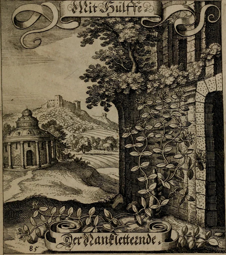 An illustration from Der Fruchtbringenden Geselschaft Nahmen, Vorhaben, Gemählde und Wörter : nach jedes Einnahme ordentlich in Kupfer gestochen, und in achtzeilige Reimgesetze verfasset, 1646, leaf 180