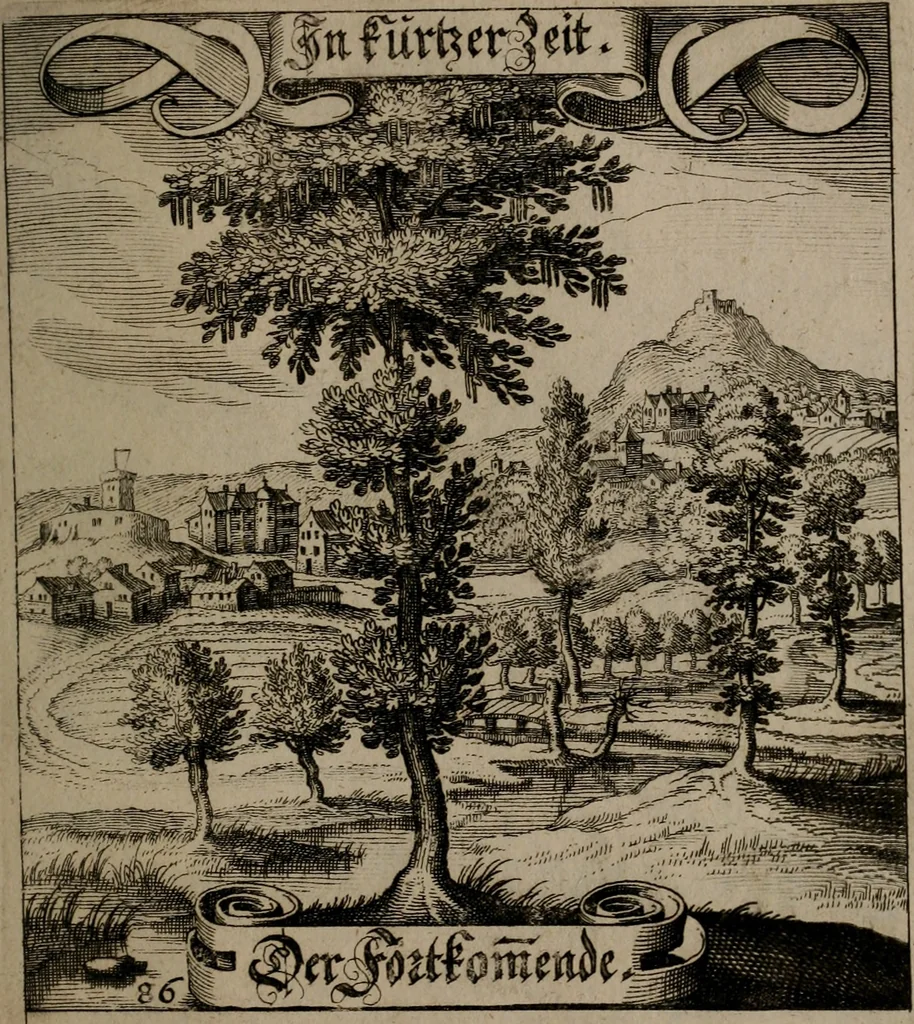 An illustration from Der Fruchtbringenden Geselschaft Nahmen, Vorhaben, Gemählde und Wörter : nach jedes Einnahme ordentlich in Kupfer gestochen, und in achtzeilige Reimgesetze verfasset, 1646, leaf 182