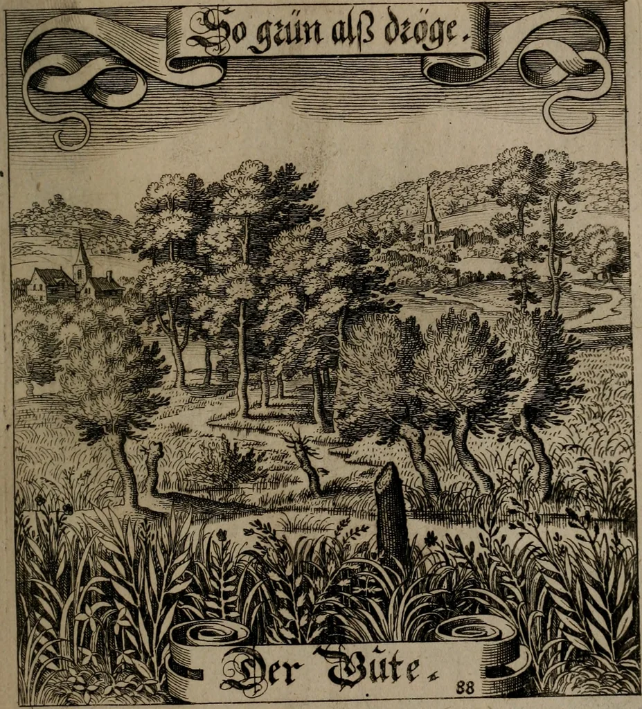 An illustration from Der Fruchtbringenden Geselschaft Nahmen, Vorhaben, Gemählde und Wörter : nach jedes Einnahme ordentlich in Kupfer gestochen, und in achtzeilige Reimgesetze verfasset, 1646, leaf 186