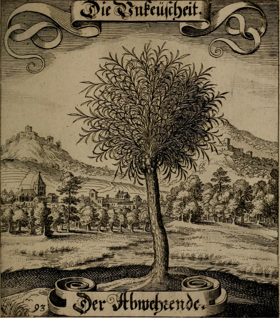 An illustration from Der Fruchtbringenden Geselschaft Nahmen, Vorhaben, Gemählde und Wörter : nach jedes Einnahme ordentlich in Kupfer gestochen, und in achtzeilige Reimgesetze verfasset, 1646, leaf 196