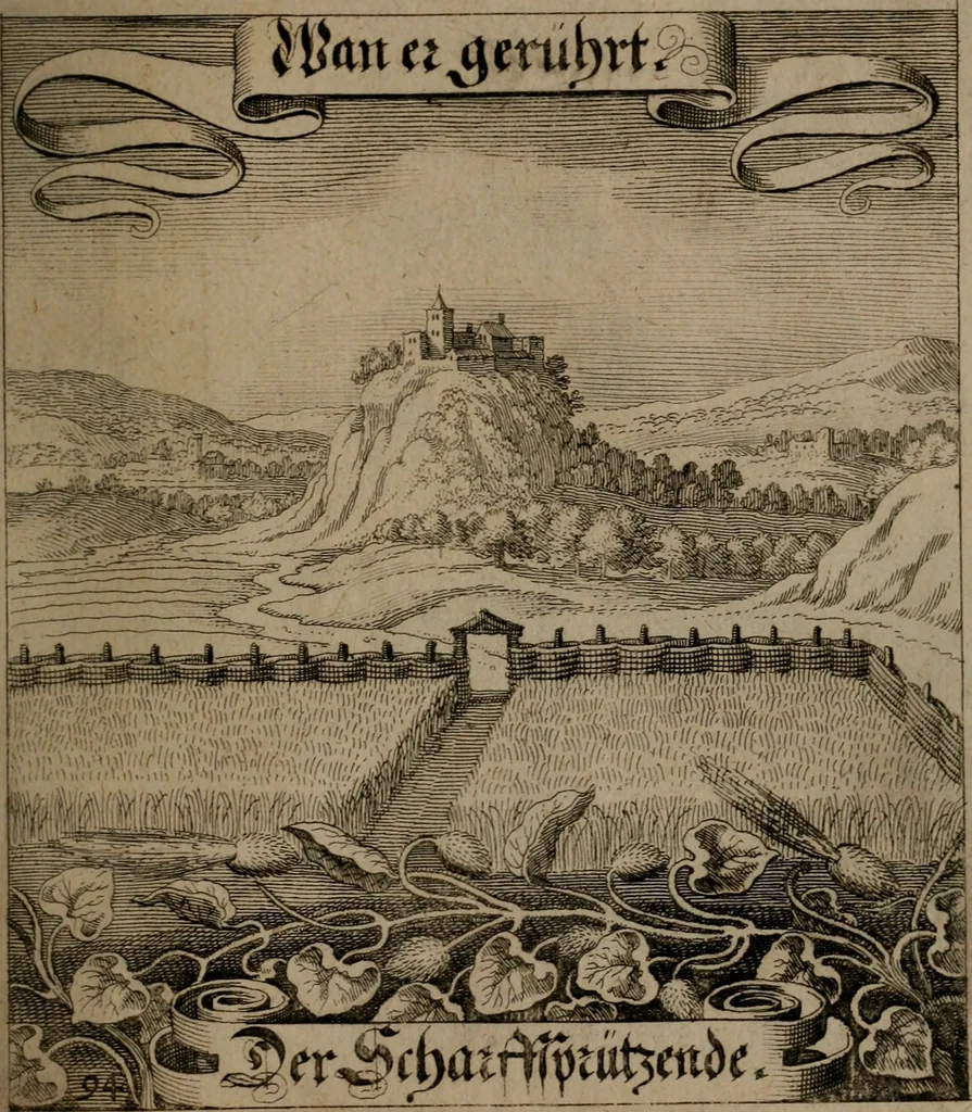 An illustration from Der Fruchtbringenden Geselschaft Nahmen, Vorhaben, Gemählde und Wörter : nach jedes Einnahme ordentlich in Kupfer gestochen, und in achtzeilige Reimgesetze verfasset, 1646, leaf 198