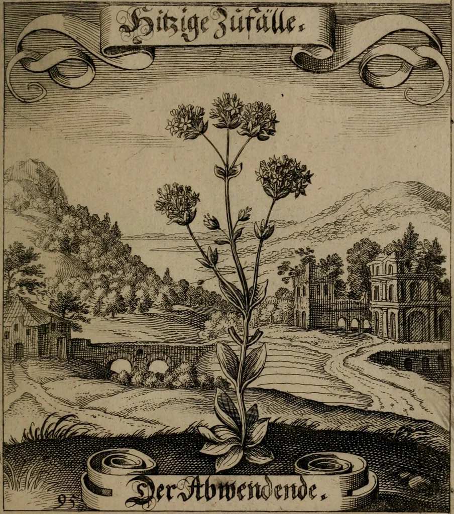 An illustration from Der Fruchtbringenden Geselschaft Nahmen, Vorhaben, Gemählde und Wörter : nach jedes Einnahme ordentlich in Kupfer gestochen, und in achtzeilige Reimgesetze verfasset, 1646, leaf 200
