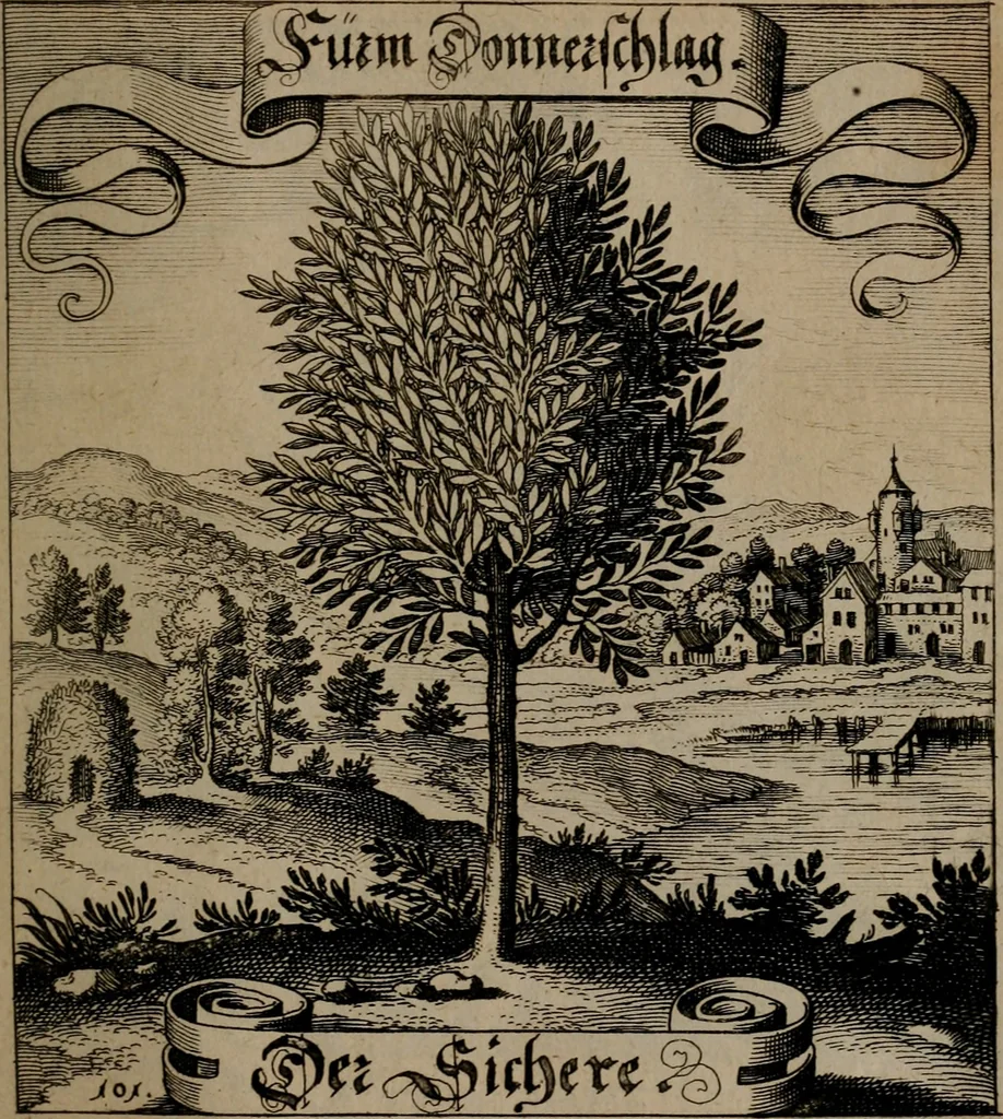 An illustration from Der Fruchtbringenden Geselschaft Nahmen, Vorhaben, Gemählde und Wörter : nach jedes Einnahme ordentlich in Kupfer gestochen, und in achtzeilige Reimgesetze verfasset, 1646, leaf 216