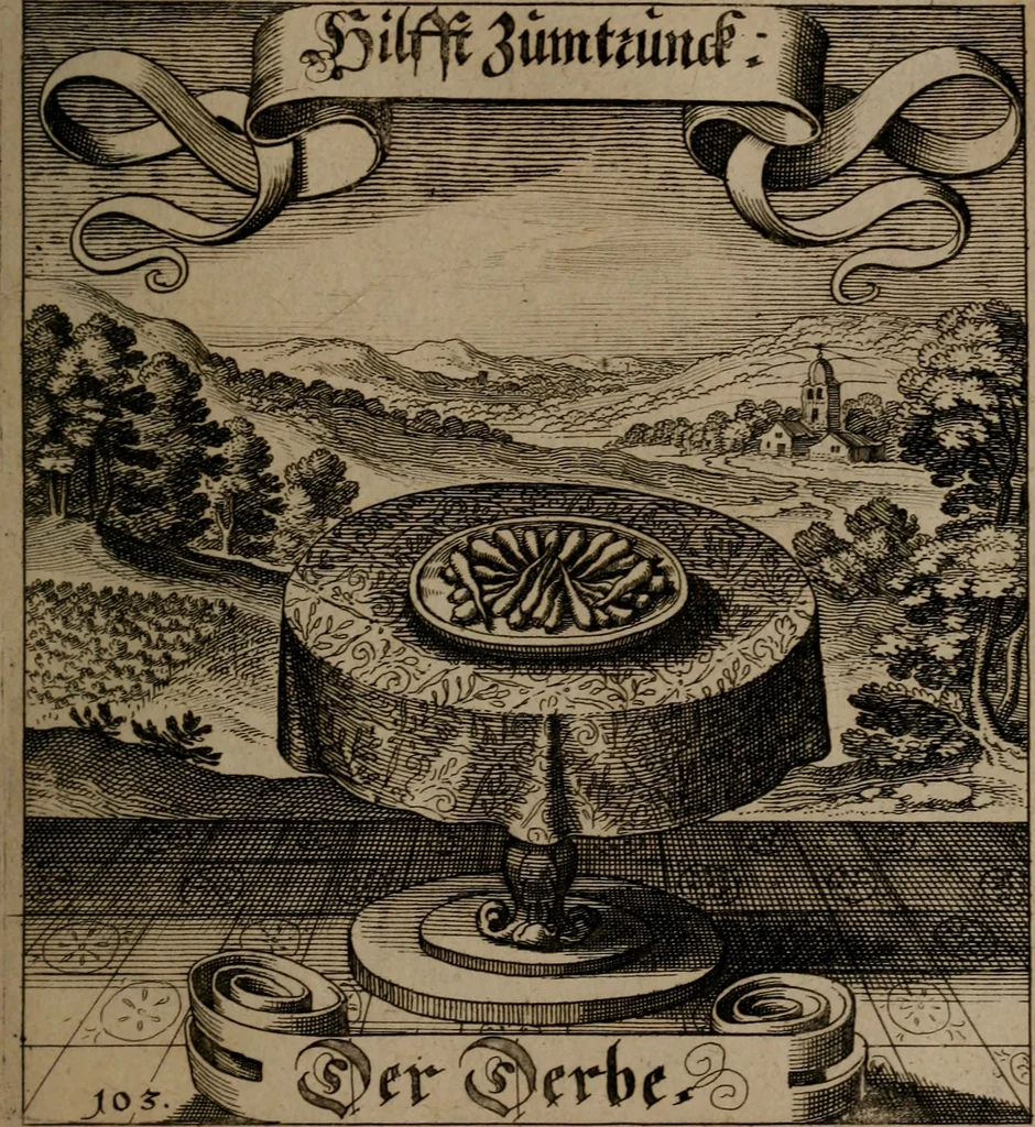 An illustration from Der Fruchtbringenden Geselschaft Nahmen, Vorhaben, Gemählde und Wörter : nach jedes Einnahme ordentlich in Kupfer gestochen, und in achtzeilige Reimgesetze verfasset, 1646, leaf 220