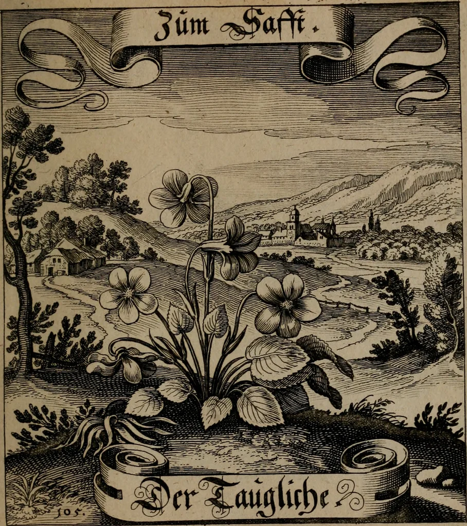 An illustration from Der Fruchtbringenden Geselschaft Nahmen, Vorhaben, Gemählde und Wörter : nach jedes Einnahme ordentlich in Kupfer gestochen, und in achtzeilige Reimgesetze verfasset, 1646, leaf 224