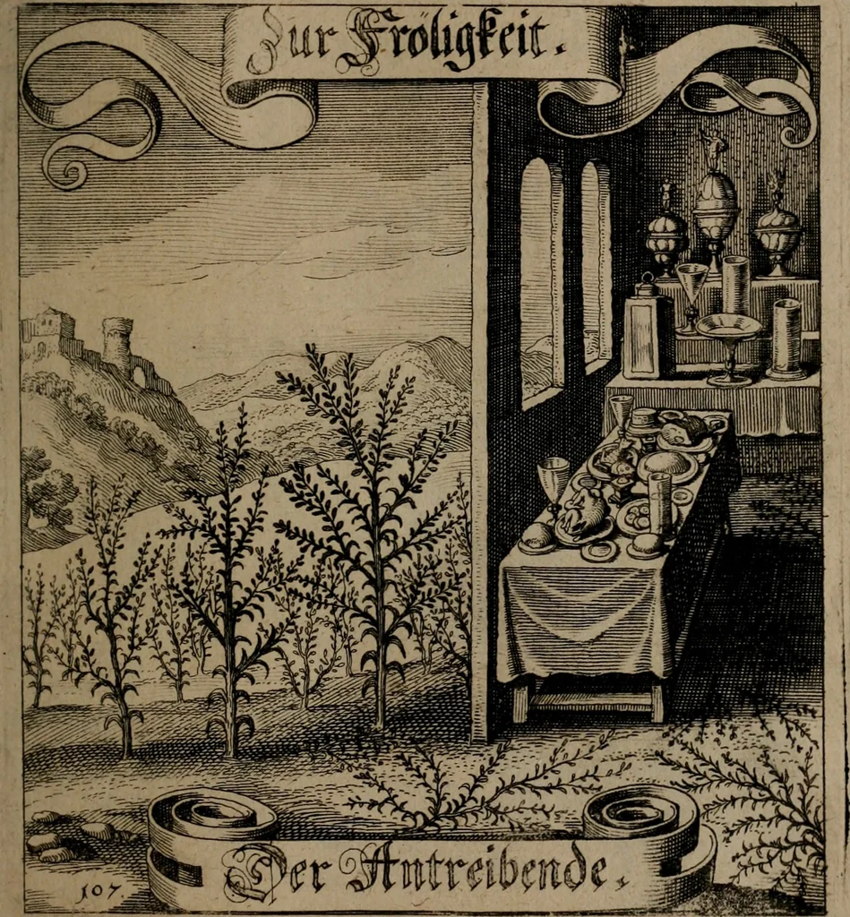 An illustration from Der Fruchtbringenden Geselschaft Nahmen, Vorhaben, Gemählde und Wörter : nach jedes Einnahme ordentlich in Kupfer gestochen, und in achtzeilige Reimgesetze verfasset, 1646, leaf 228