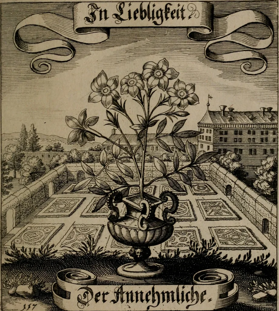 An illustration from Der Fruchtbringenden Geselschaft Nahmen, Vorhaben, Gemählde und Wörter : nach jedes Einnahme ordentlich in Kupfer gestochen, und in achtzeilige Reimgesetze verfasset, 1646, leaf 248