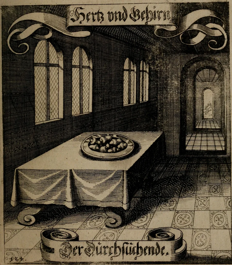 An illustration from Der Fruchtbringenden Geselschaft Nahmen, Vorhaben, Gemählde und Wörter : nach jedes Einnahme ordentlich in Kupfer gestochen, und in achtzeilige Reimgesetze verfasset, 1646, leaf 262