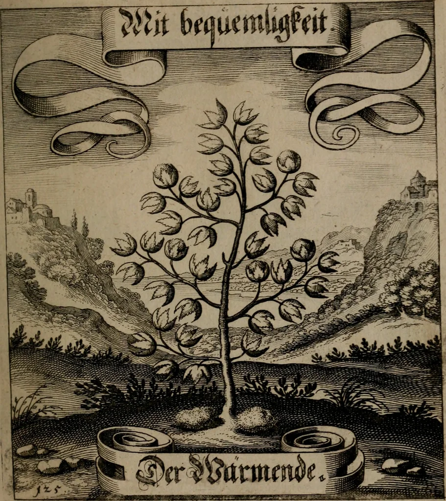 An illustration from Der Fruchtbringenden Geselschaft Nahmen, Vorhaben, Gemählde und Wörter : nach jedes Einnahme ordentlich in Kupfer gestochen, und in achtzeilige Reimgesetze verfasset, 1646, leaf 264