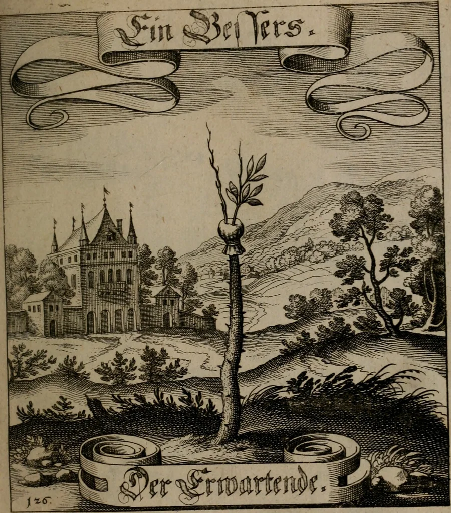 An illustration from Der Fruchtbringenden Geselschaft Nahmen, Vorhaben, Gemählde und Wörter : nach jedes Einnahme ordentlich in Kupfer gestochen, und in achtzeilige Reimgesetze verfasset, 1646, leaf 266