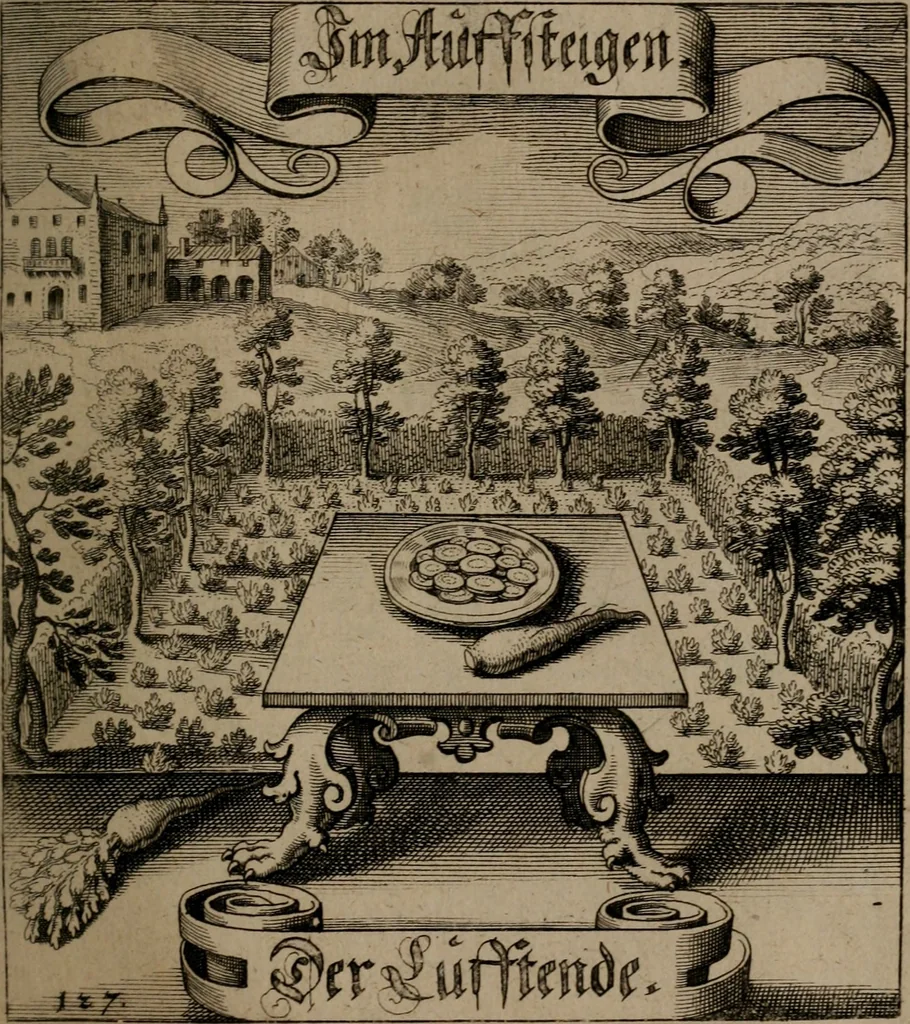 An illustration from Der Fruchtbringenden Geselschaft Nahmen, Vorhaben, Gemählde und Wörter : nach jedes Einnahme ordentlich in Kupfer gestochen, und in achtzeilige Reimgesetze verfasset, 1646, leaf 268