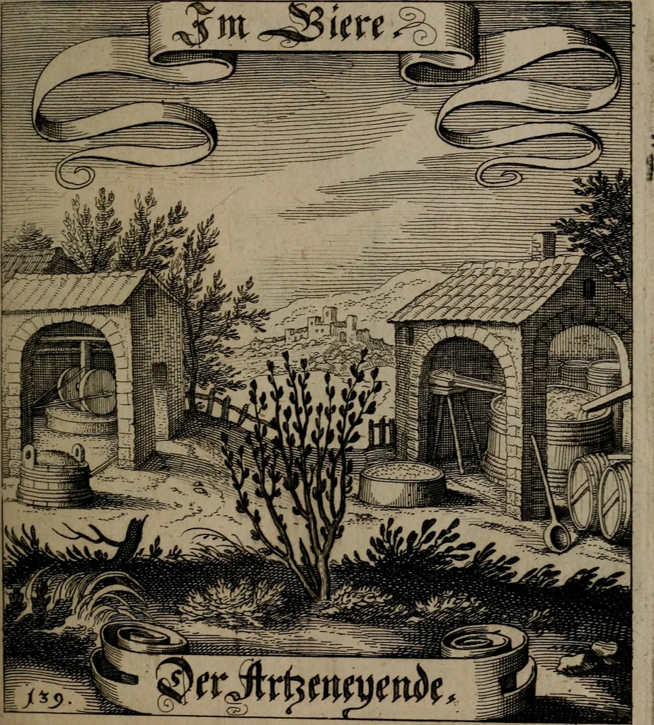 An illustration from Der Fruchtbringenden Geselschaft Nahmen, Vorhaben, Gemählde und Wörter : nach jedes Einnahme ordentlich in Kupfer gestochen, und in achtzeilige Reimgesetze verfasset, 1646, leaf 292