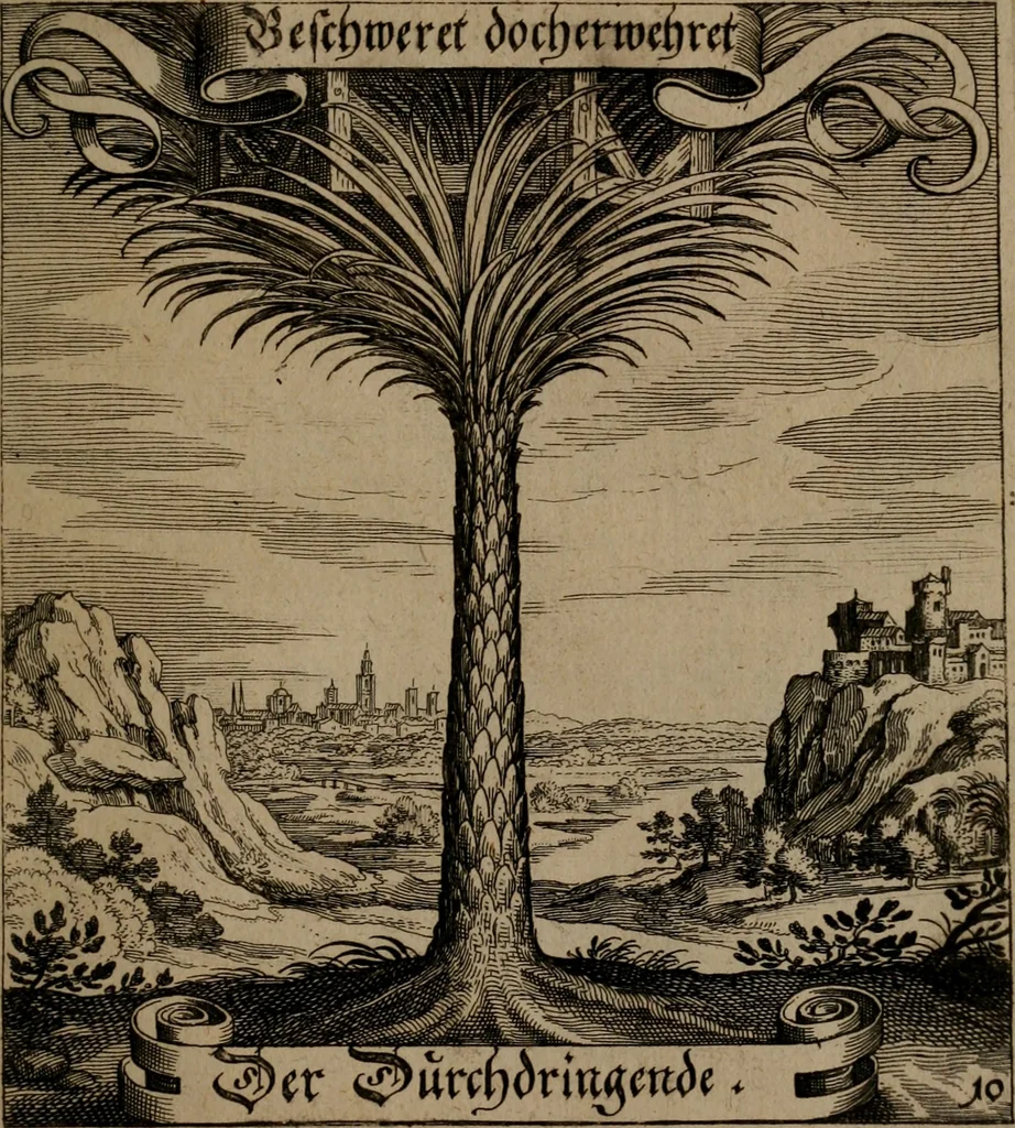 An illustration from Der Fruchtbringenden Geselschaft Nahmen, Vorhaben, Gemählde und Wörter : nach jedes Einnahme ordentlich in Kupfer gestochen, und in achtzeilige Reimgesetze verfasset, 1646, leaf 30