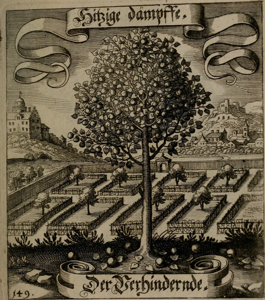 An illustration from Der Fruchtbringenden Geselschaft Nahmen, Vorhaben, Gemählde und Wörter : nach jedes Einnahme ordentlich in Kupfer gestochen, und in achtzeilige Reimgesetze verfasset, 1646, leaf 312