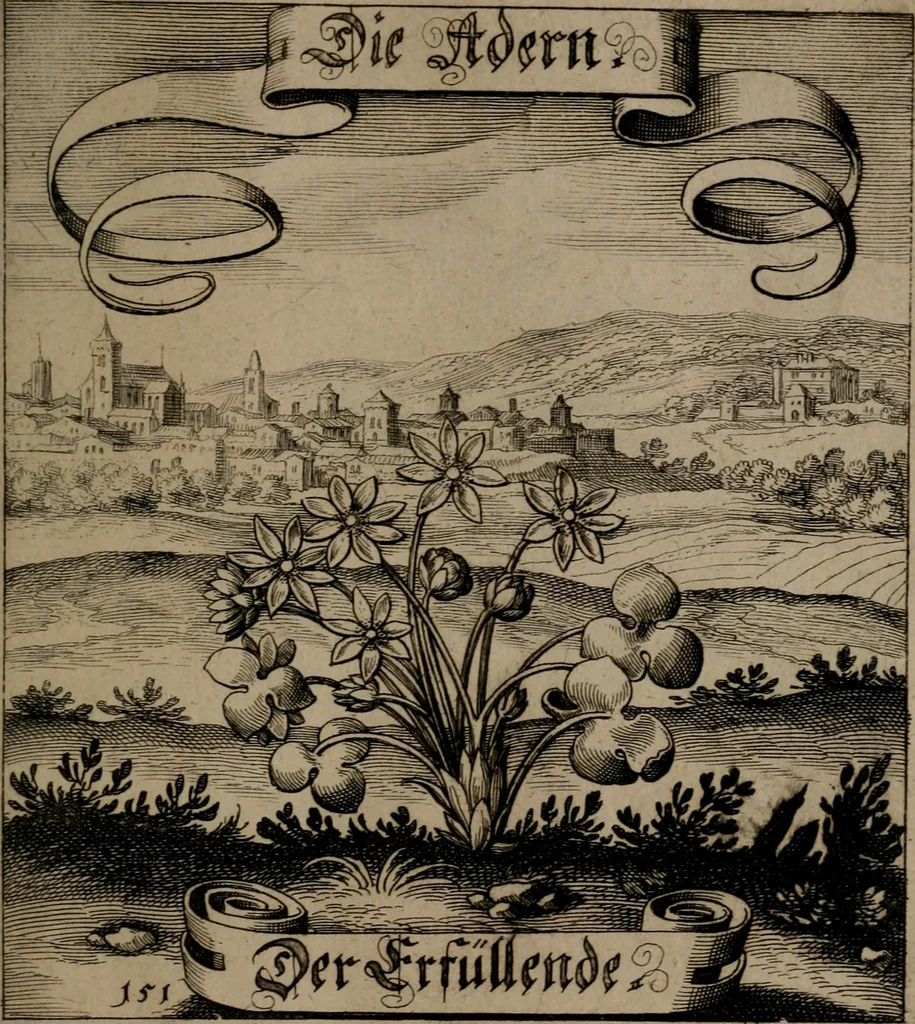 An illustration from Der Fruchtbringenden Geselschaft Nahmen, Vorhaben, Gemählde und Wörter : nach jedes Einnahme ordentlich in Kupfer gestochen, und in achtzeilige Reimgesetze verfasset, 1646, leaf 316