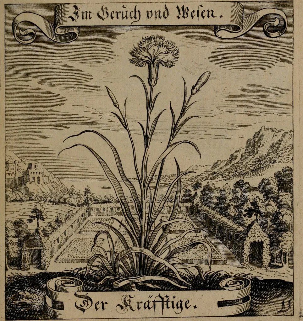 An illustration from Der Fruchtbringenden Geselschaft Nahmen, Vorhaben, Gemählde und Wörter : nach jedes Einnahme ordentlich in Kupfer gestochen, und in achtzeilige Reimgesetze verfasset, 1646, leaf 32