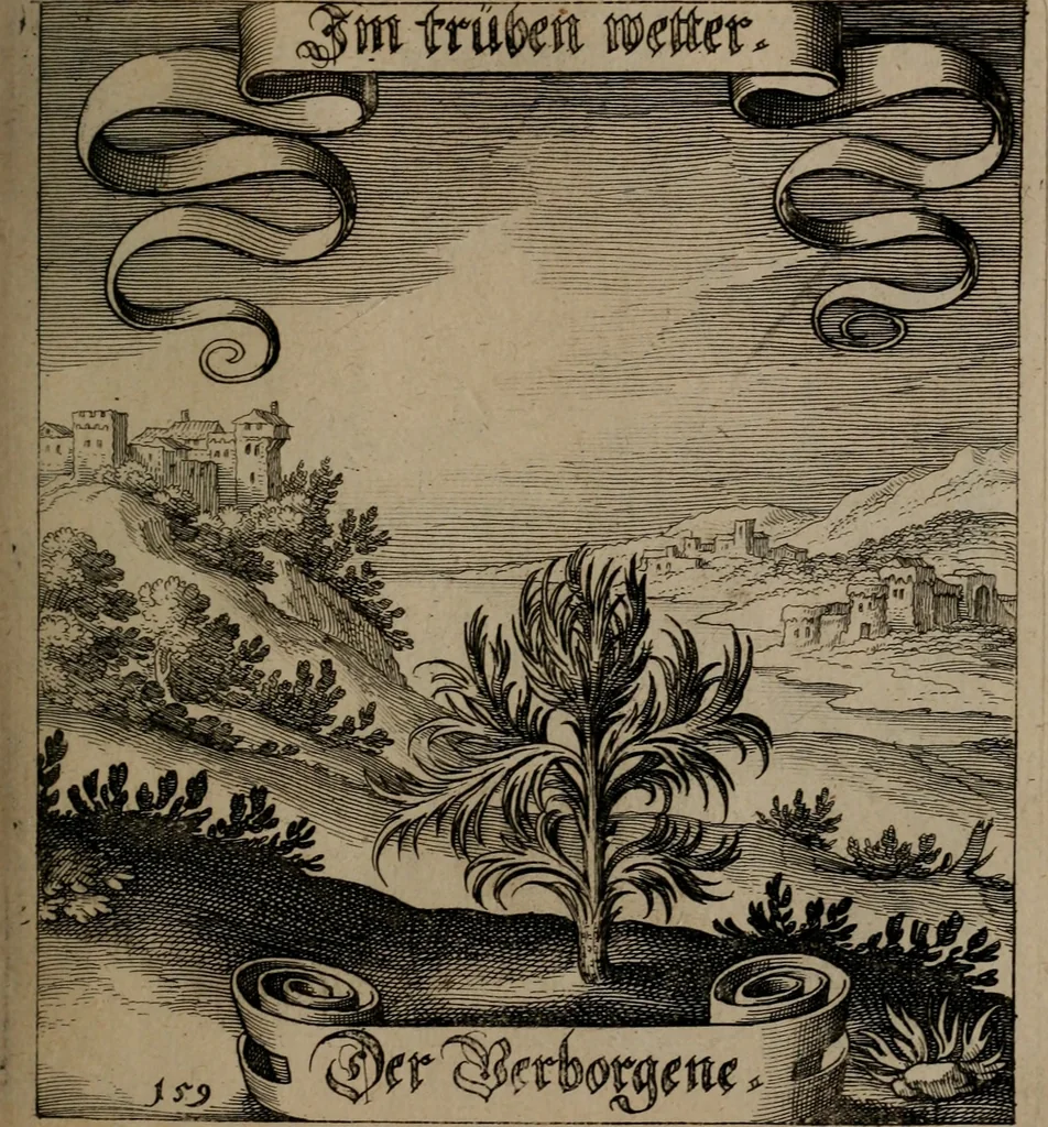 An illustration from Der Fruchtbringenden Geselschaft Nahmen, Vorhaben, Gemählde und Wörter : nach jedes Einnahme ordentlich in Kupfer gestochen, und in achtzeilige Reimgesetze verfasset, 1646, leaf 332