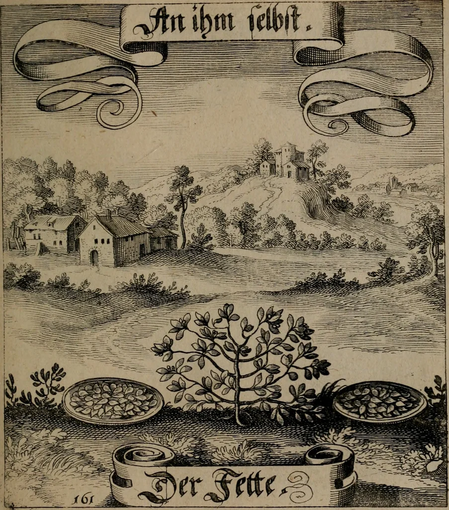 An illustration from Der Fruchtbringenden Geselschaft Nahmen, Vorhaben, Gemählde und Wörter : nach jedes Einnahme ordentlich in Kupfer gestochen, und in achtzeilige Reimgesetze verfasset, 1646, leaf 336