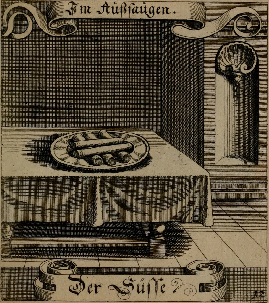 An illustration from Der Fruchtbringenden Geselschaft Nahmen, Vorhaben, Gemählde und Wörter : nach jedes Einnahme ordentlich in Kupfer gestochen, und in achtzeilige Reimgesetze verfasset, 1646, leaf 34