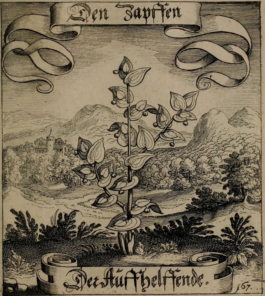 An illustration from Der Fruchtbringenden Geselschaft Nahmen, Vorhaben, Gemählde und Wörter : nach jedes Einnahme ordentlich in Kupfer gestochen, und in achtzeilige Reimgesetze verfasset, 1646, leaf 348