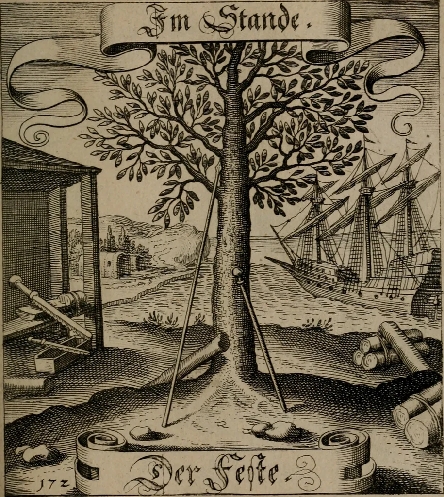 An illustration from Der Fruchtbringenden Geselschaft Nahmen, Vorhaben, Gemählde und Wörter : nach jedes Einnahme ordentlich in Kupfer gestochen, und in achtzeilige Reimgesetze verfasset, 1646, leaf 358