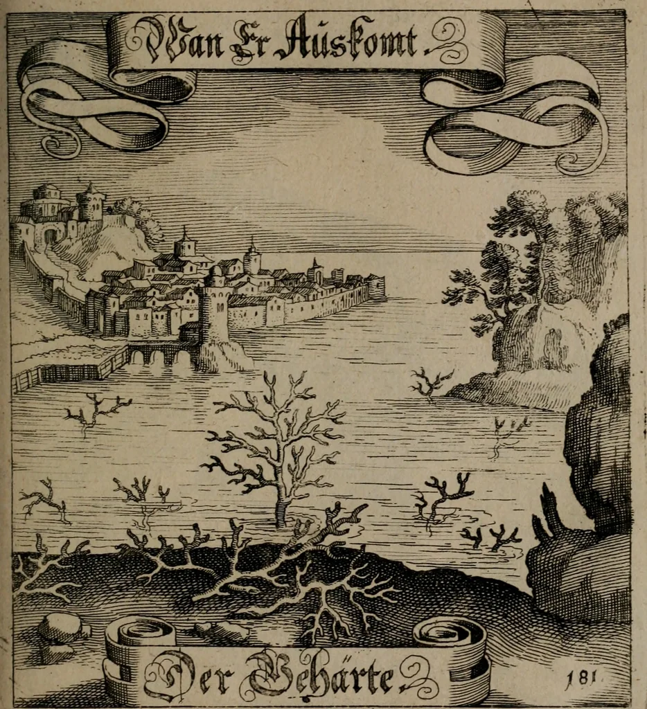 An illustration from Der Fruchtbringenden Geselschaft Nahmen, Vorhaben, Gemählde und Wörter : nach jedes Einnahme ordentlich in Kupfer gestochen, und in achtzeilige Reimgesetze verfasset, 1646, leaf 376