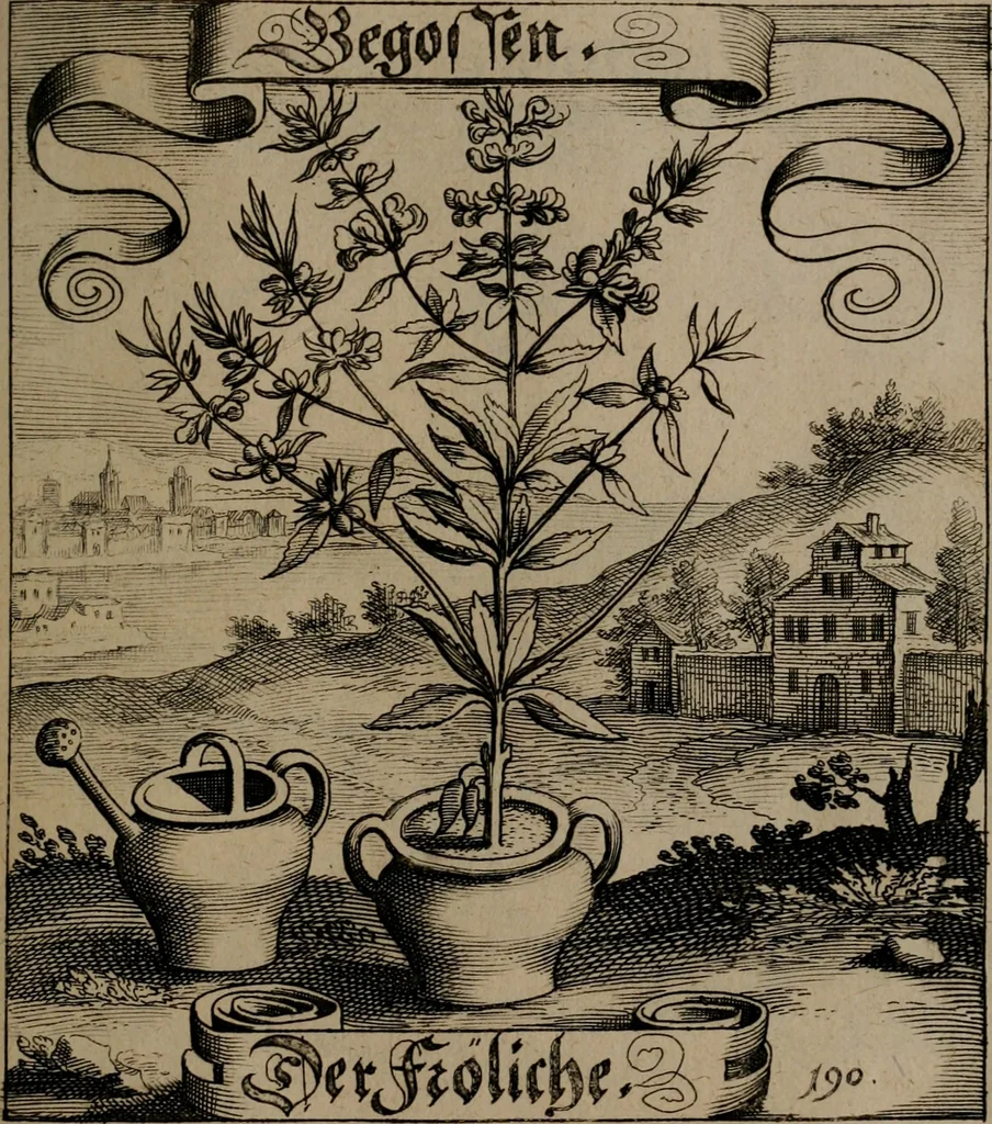An illustration from Der Fruchtbringenden Geselschaft Nahmen, Vorhaben, Gemählde und Wörter : nach jedes Einnahme ordentlich in Kupfer gestochen, und in achtzeilige Reimgesetze verfasset, 1646, leaf 394