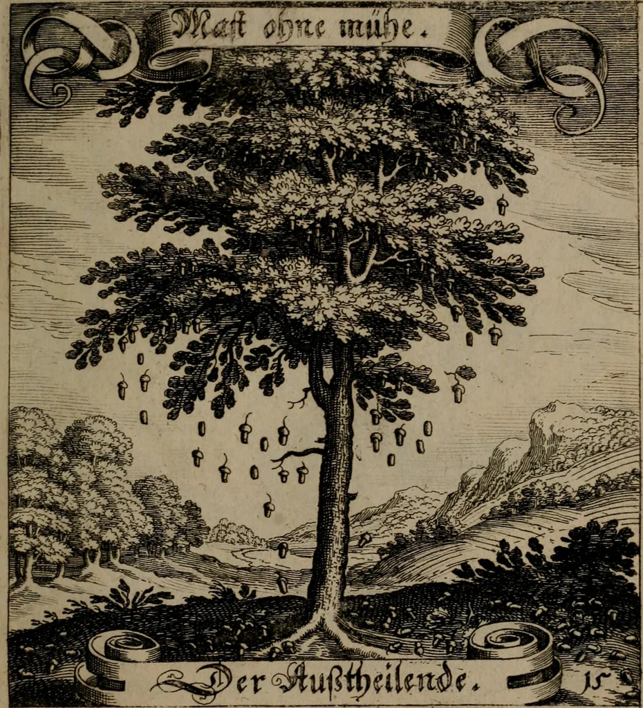 An illustration from Der Fruchtbringenden Geselschaft Nahmen, Vorhaben, Gemählde und Wörter : nach jedes Einnahme ordentlich in Kupfer gestochen, und in achtzeilige Reimgesetze verfasset, 1646, leaf 40