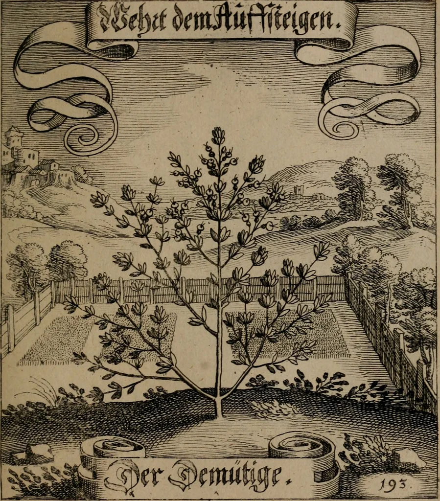 An illustration from Der Fruchtbringenden Geselschaft Nahmen, Vorhaben, Gemählde und Wörter : nach jedes Einnahme ordentlich in Kupfer gestochen, und in achtzeilige Reimgesetze verfasset, 1646, leaf 400