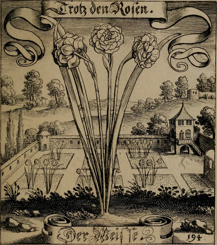 An illustration from Der Fruchtbringenden Geselschaft Nahmen, Vorhaben, Gemählde und Wörter : nach jedes Einnahme ordentlich in Kupfer gestochen, und in achtzeilige Reimgesetze verfasset, 1646, leaf 402