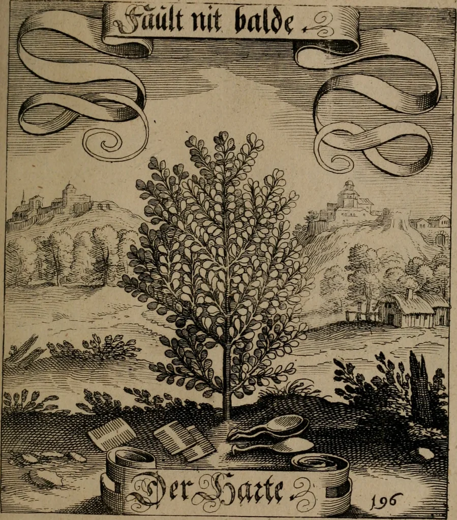 An illustration from Der Fruchtbringenden Geselschaft Nahmen, Vorhaben, Gemählde und Wörter : nach jedes Einnahme ordentlich in Kupfer gestochen, und in achtzeilige Reimgesetze verfasset, 1646, leaf 406