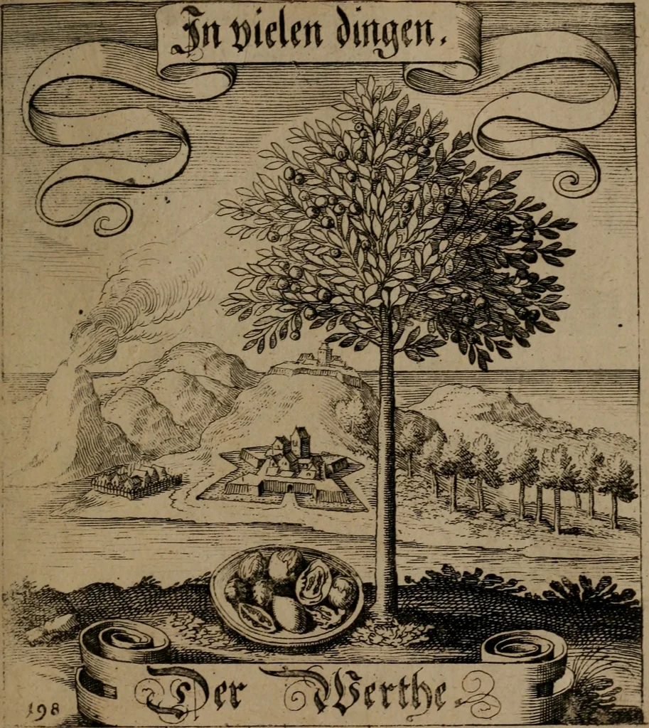 An illustration from Der Fruchtbringenden Geselschaft Nahmen, Vorhaben, Gemählde und Wörter : nach jedes Einnahme ordentlich in Kupfer gestochen, und in achtzeilige Reimgesetze verfasset, 1646, leaf 410