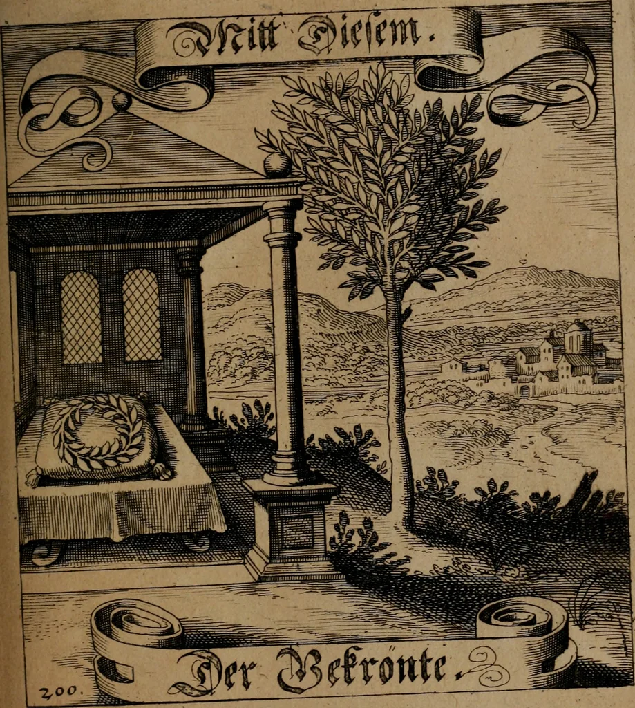 An illustration from Der Fruchtbringenden Geselschaft Nahmen, Vorhaben, Gemählde und Wörter : nach jedes Einnahme ordentlich in Kupfer gestochen, und in achtzeilige Reimgesetze verfasset, 1646, leaf 418