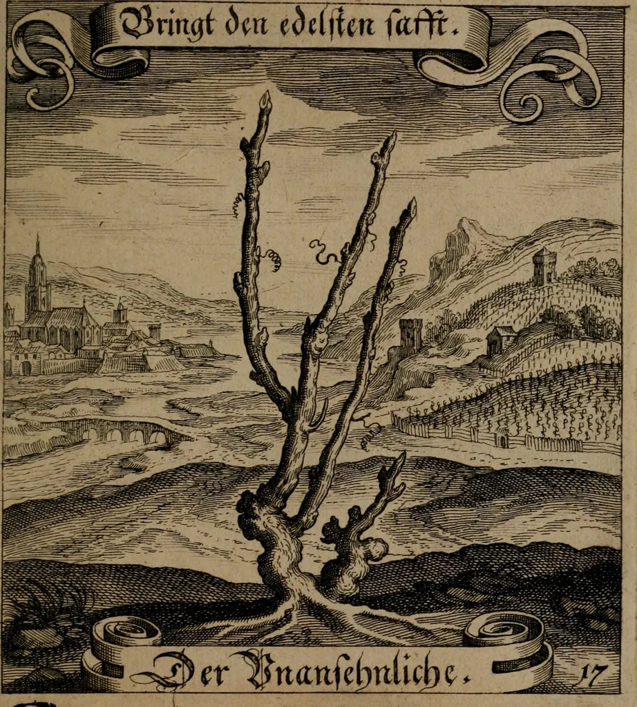 An illustration from Der Fruchtbringenden Geselschaft Nahmen, Vorhaben, Gemählde und Wörter : nach jedes Einnahme ordentlich in Kupfer gestochen, und in achtzeilige Reimgesetze verfasset, 1646, leaf 44
